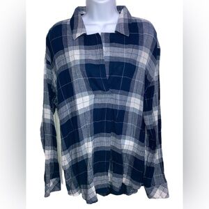 a.n.a. Blue Plaid Flannel Pullover LS Top Relaxed M Lightweight E4344